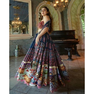 CRÉATEUR MOUSSELINE IMPRIMÉ NUMÉRIQUE MIROIR TRAVAIL LEHENGA CHOLI AVEC DUPATTA BLEU - Product Image 6