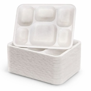 Assiettes à repas compostables en bagasse de canne à sucre, blanches, de luxe, à 6 compartiments, pour restaurants de restauration rapide, traiteur, camping, extérieur - Product Image 1
