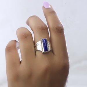 Geometric <b>Lapis</b> <b>Lazuli</b> Rectangle Cabochon 925 Silver <b>Ring</b> Bezel Setting Classic Style Unisex Everyday Wear Gemstone <b>Ring</b> - Product Image 3