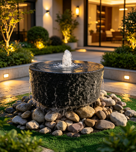 Fontaine en bassalte naturel taillé brut - Diamètre 115 cm - Grande fontaine extérieure au design moderne - Bassin d'eau en pierre volcanique massif - Product Image 2