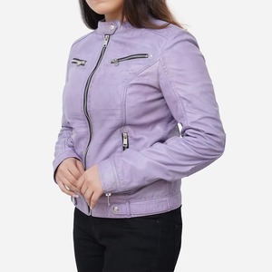 Blouson en cuir classique personnalisé pour femme, style motard, en véritable peau de mouton, coupe ajustée, vente en gros - Product Image 3