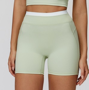 Vintage Canvas Splicing Ribbed High Waist 100% Cotton Breathable Gym Workout <b>Tummy</b> <b>Control</b> Women's Butt Lifting Athletic Shorts - Product Image 3
