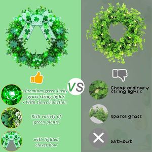 Ghirlanda per Porta da 16 Pollici per San Patrizio con 28 Luci LED Verdi a Forma di Quadrifoglio, Alimentata a Batteria, Ghirlanda a Forma di Trifoglio con Fiocco per Feste Primaverili - Product Image 4