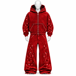 Ensemble survêtement AMSEC INDUSTRY personnalisé avec strass imprimés, à capuche, fermeture éclair, manches longues, coupe ample, style streetwear, pantalon de survêtement, en vente - Product Image 4