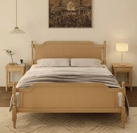 Cadre de lit pliable moderne en teck massif avec tête et pied de lit en rotin, couleur naturelle, meubles de chambre à coucher