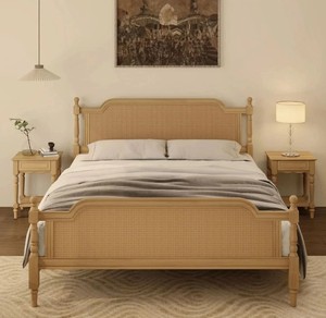 Traditional Solid Wood <b>Bed</b> <b>Frame</b> with <b>Rattan</b> Headboard and Footboard Natural Color Bedroom Furniture - Product Image 2