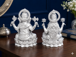 Jaipur Metals 999 Silver Plated Laxmi Ganesh Idol 100% Brass 8.5x7x6cm 151g 2pcs Modern Design Home Decor & Puja Wedding Diwali - Product Image 4