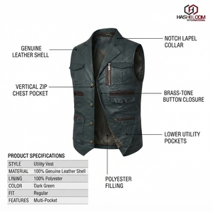 Gilet utilitaire en cuir véritable pour homme avec rembourrage en polyester, veste sans manches multi-poches - Product Image 5