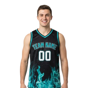 Conjunto de Camiseta y Pantalones Cortos de Baloncesto con Estampado de Llamas para Hombre, Cuello en V, Sin Mangas, Uniforme de Equipo, Parte Inferior Ajustada, Números de Jugador 100% - Product Image 3