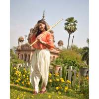 Ensemble dhoti et haut respirant à imprimé floral tissé orange, coupe ample, taille élastique, taille XS, pour les occasions quotidiennes