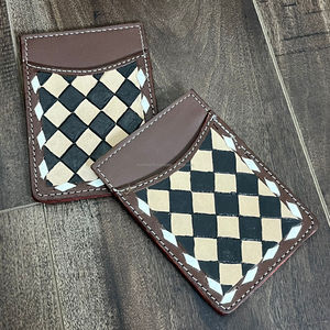 ใหม่ที่ใส่บัตรหนังแท้ทำด้วยมือกระเป๋าสตางค์มินิมอลลิสต์สีน้ำตาลและสีดำลายตารางหมากรุกด้านหน้ากระเป๋าใส่บัตรแบบ RFID - Product Image 4