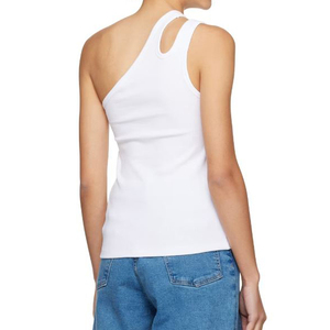 Top de punto asimétrico blanco con un hombro descubierto para mujer, estilo transpirable de longitud regular con patrón liso - Product Image 3