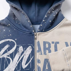 Sudadera con capucha personalizada para hombre con cremallera, estilo oversize de algodón, streetwear, vintage, patchwork, corta, holgada, con pedrería - Product Image 4