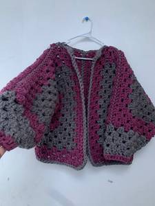 Women's <b>White</b> Hand <b>Knitted</b> <b>Cardigan</b> With Mushroom Appliques Puff Sleeve V Neck Crop Length Casual Sweater - Product Image 3
