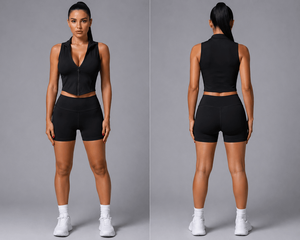 Women <b>2</b> <b>Piece</b> Sports Wear <b>Set</b> Sleeveless Zipper Top High Waist Shorts Solid <b>White</b> Activewear Fitness Outfit Sporty Style - Product Image 2