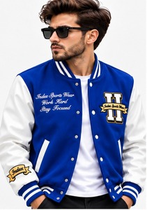 Chaqueta Varsity para Hombre, Color Azul y Blanco, Logotipo Bordado, Cuello Camisero, Estilo Preppy, Ropa de Otoño - Product Image 2