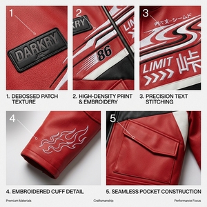 Blouson moto en cuir rouge avec impression par transfert thermique et motifs de patchs, col montant, fermeture éclair, pour homme - Product Image 6