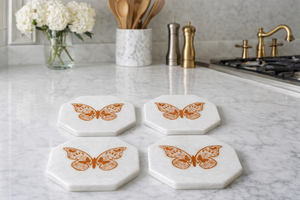 Luxury Handmade Polished Marble Octagon Coasters with <b>Butterfly</b> Motif Elegant Kitchen & Dining Accent <b>Table</b> - Product Image 4