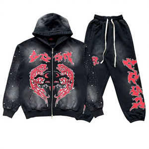 Ensemble survêtement premium personnalisé pour homme, sweat à capuche et pantalon de jogging oversize, motif graphique, délavage vintage, style streetwear, marque privée OEM - Product Image 4