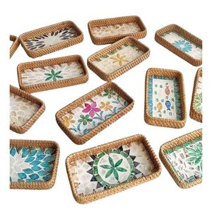 [VENTA EXITOSA] Plato de Mosaico de Ratán Natural Blue Lotus Farm Gem Le, Hecho a Mano con Incrustaciones de Concha, para Servir en Cafeterías, Decoración de Mesa de Café - Product Image 1