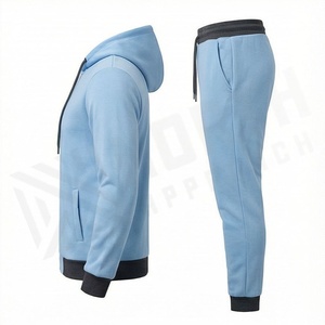 Men's Light Blue Hooded Tracksuit Full <b>Zipper</b> <b>Sweatshirt</b> and Pants Set Casual Sportswear Solid Color Polyester Cotton Blend - Product Image 3