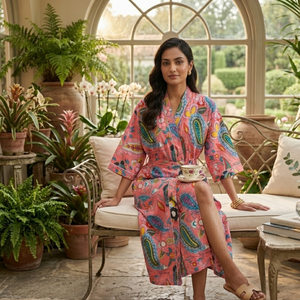 Bata Kimono de Algodón con Estampado Floral Paisley Rosa, Cuello en V, Manga Larga, Bata de Estar por Casa, Bata de Baño, Bata de Spa con Bolsillos - Product Image 3