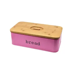 Large Vintage Metal Bread Box with Thick Bamboo Cutting Board Lid for Kitchen Countertop Storage