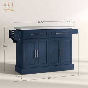 Carrello da Cucina Blu Navy con Piano in Acciaio Inox Rotante, 2 Cassetti, Porta Spezie, Porta Coltelli e Porta Asciugamani in MDF - Product Image 3