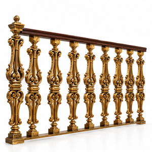Rampe d'escalier en métal doré orné avec balustres baroques complexes et main courante en bois foncé pour intérieurs de luxe - Product Image 4