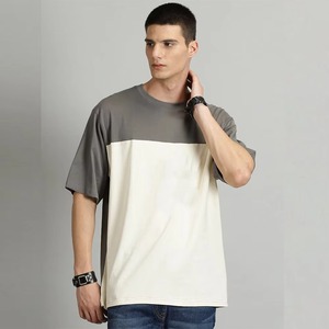 เสื้อยืดโอเวอร์ไซส์ผู้ชาย แขนสั้น คอกลม ผ้าถัก ดีไซน์เรียบง่าย สีเทาและครีม - Product Image 4