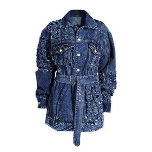 Chaqueta vaquera de mujer de estilo casual y moderno, con diseño perforado y personalidad, tejida de cuello alto y corte largo. - Product Image 3