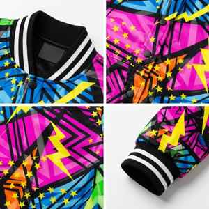 Geometric Print Varsity Jacket <b>Women's</b> Short Crop Bomber <b>Coat</b> Full Sleeve Turn-down Collar Polyester <b>Spring</b> Style - Product Image 6