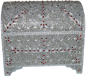 Elegant Silver Embroidered Beaded <b>Storage</b> <b>Trunk</b> with Red Stone Work Decorative Organizer Box for Home Décor - Product Image 1