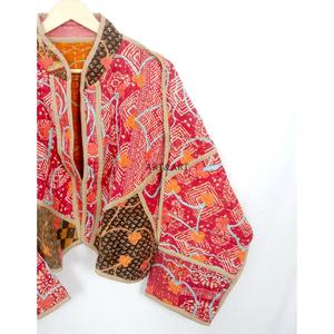 Vintage Quilted Kantha <b>Jackets</b> 100% Cotton Eco-Friendly Quick Dry Mandarin Collar Customizable Open Closure Detail with pockets - Product Image 3