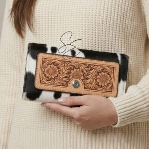 Cartera de mano de cuero negro repujado para mujer, estilo vaquero occidental, con pelo de vaca, personalizada OEM - Product Image 3
