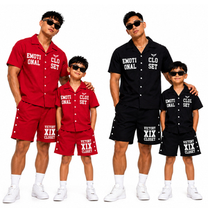 ชุดเสื้อและกางเกงขาสั้นฤดูร้อนแบบครอบครัวเข้าชุดกันสำหรับพ่อแม่ลูก ชุดลำลองติดกระดุมสำหรับเด็กและผู้ใหญ่ เสื้อผ้าสำหรับวันหยุดที่เข้ากัน - Product Image 1