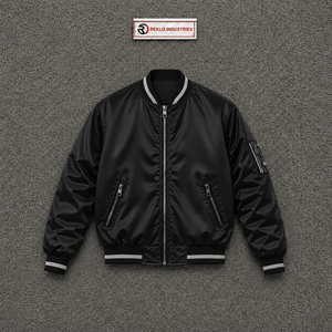 Chaqueta Varsity Negra Satinada Premium para Hombre y Mujer, Chaqueta Bomber Brillante Personalizada al por Mayor con Cuello y Puños Acanalados con Rayas Blancas - Product Image 5
