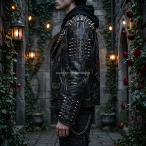 Custom Gothic Biker Leather Jacket <b>Men</b> Embroidered Heart Patch <b>Studded</b> Distressed Punk Rock Moto Streetwear Wholesale Supplier - Product Image 4