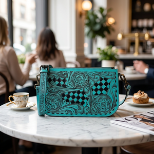 2026 Turquoise Genuine Leather Lightweight Shoulder Bag Floral Tooling Diamond Lattice Pattern Single Strap Zip Closure Bohemian - Product Image 6