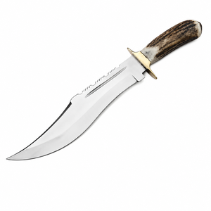 Couteau de camping Bowie de qualité industrielle fabriqué à la main par Edge Master, lame droite en acier inoxydable, manche en corne, cuir - Product Image 1