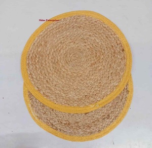 Handwoven round jute <b>placemat</b> with <b>yellow</b> border eco-friendly natural fiber table mat ideal for rustic boho farmhouse dining - Product Image 2
