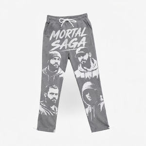 Pantalon de jogging droit en molleton de coton gris pour homme Mortal Saga, taille élastique avec cordon de serrage, imprimé, idéal pour l'été - Product Image 1