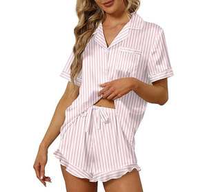 Pijamas de Seda Satinada para Mujer, 2 Piezas, Cuello de Solapa, Ropa de Dormir con Botones, Manga Corta, Pantalones Cortos, Conjunto de Lencería - Product Image 1