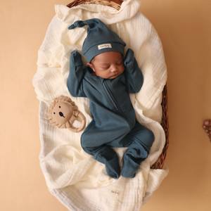 Conjuntos de ropa de bebé recién nacido con cremallera azul marino elastano de costilla de bambú de calidad superior - Product Image 1