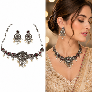 Conjunto de Collar Gargantilla Bohemio de Plata Oxidada para Novia con Pendientes Jhumka de Engaste Biselado, Perlas y Piedras Múltiples Colgantes para Boda Tradicional - Product Image 1