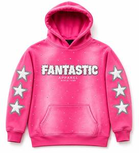 เสื้อฮู้ดฟลีซสีชมพูทรงโอเวอร์ไซส์ แบรนด์ Fantastic Apparel พร้อมซิป ประดับดาวคริสตัลและลายพิมพ์กลิตเตอร์ เสื้อสเวตเชิ้ตลำลองสำหรับทุกเพศ - Product Image 1