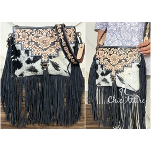 Sac bandoulière multifonctionnel personnalisé en cuir de vachette véritable, design de luxe, fait main, avec franges, style western - Product Image 1