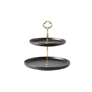 <b>Two</b> <b>Tier</b> Round <b>Cake</b> <b>Stand</b> Black Metal With Gold Handle Serving Tray For Party Decor Design Elements Cupcake Serving <b>Stand</b> - Product Image 1