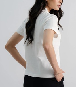 Polo à manches courtes blanc pour femme, coupe classique, couleur unie, tricoté, 100% coton, style décontracté, fermeture éclair sur le devant - Product Image 5