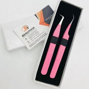 Pince à épiler d'extension de cils à pointe en fibre enduite de poudre rose personnalisée pince à épiler en acier inoxydable de marque privée adhérence parfaite testée à la main - Product Image 3